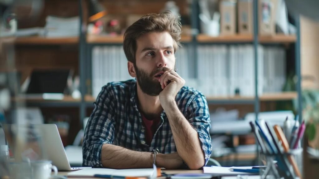man chewing on pen casually without knowing that it is bad for his teeth