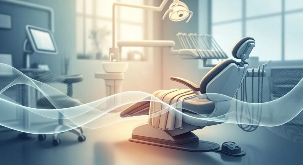 generated image of a futuristic dental office focusing mostly on the dental chair