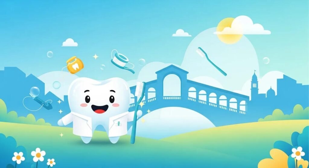 cartoon image of a tooth dressed as a dentist holding a toothbrush in a sunny park environment