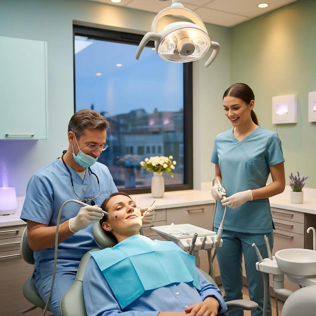 Calming dental care scene showing a dentist managing patient anxiety with gentle techniques