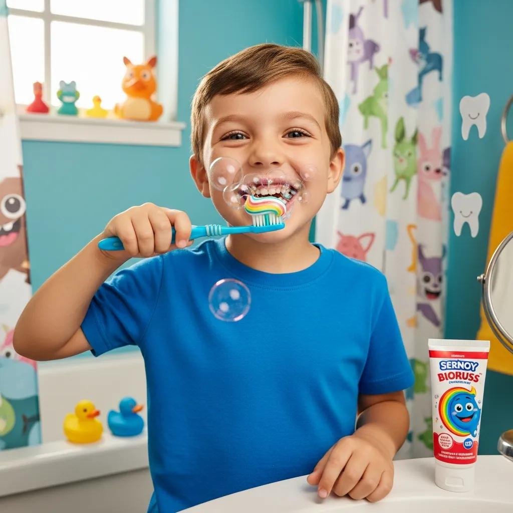 Child brushing teeth with colorful toothpaste in a bright bathroom