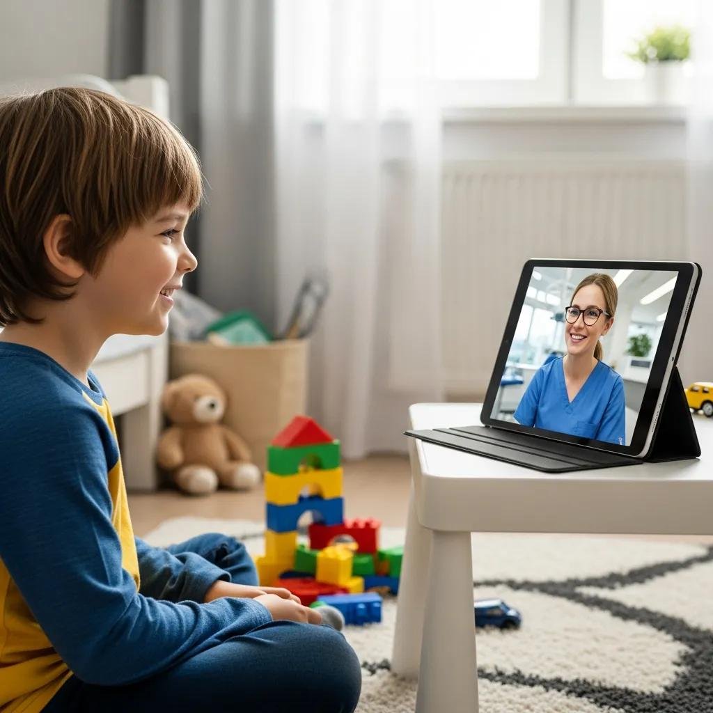 Child engaging in a virtual dental consultation on a tablet, smiling at a dentist, surrounded by toys in a stress-free home environment.