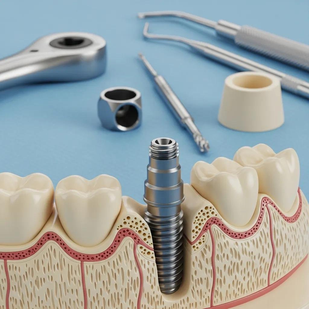 Close-up of a dental implant positioned in a model jawbone, surrounded by dental tools, illustrating the precision of the implant procedure in dentistry.