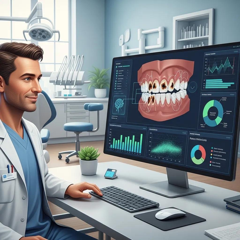 Dental professional analyzing AI-generated 3D imaging of teeth and gums on a computer screen, showcasing advanced diagnostics and machine learning applications in dentistry.