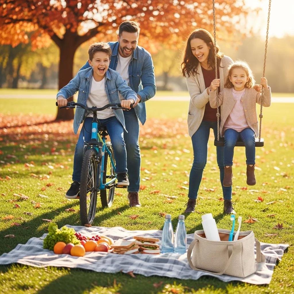 Family enjoying outdoor activity with children riding a bike and swinging, surrounded by a picnic of healthy foods, emphasizing the connection between active lifestyles and oral health.