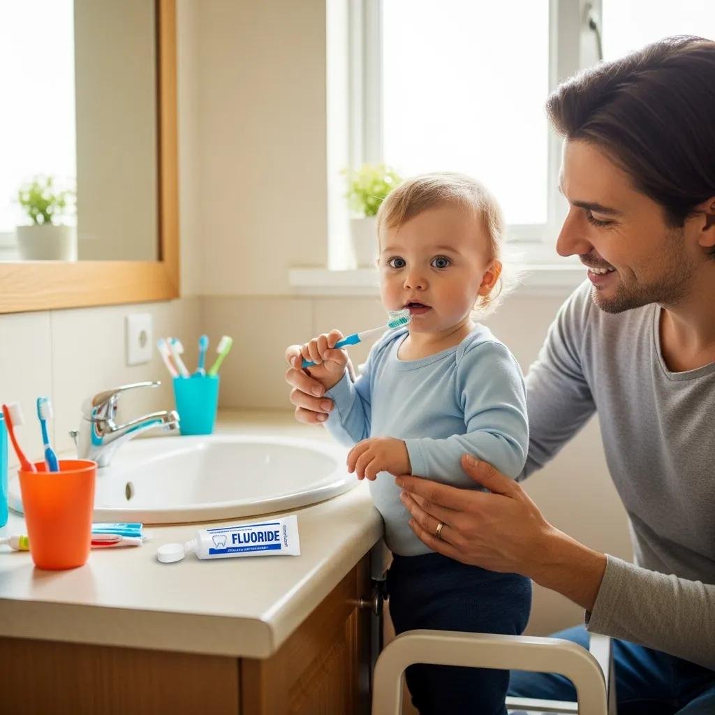 Parent supervising toddler brushing teeth with fluoride toothpaste
