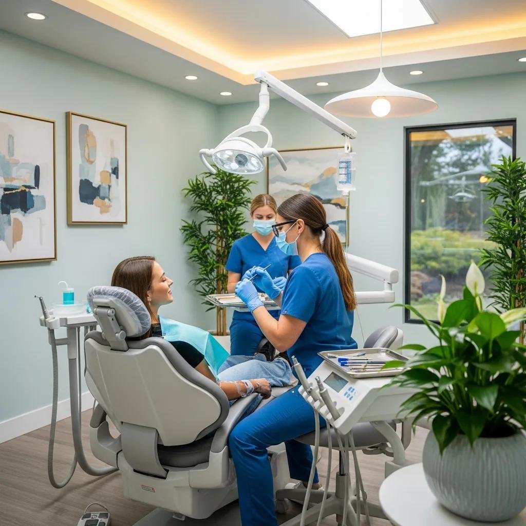 Patient receiving dental care in a calming environment, supported by two dental professionals in blue scrubs, emphasizing comfort and patient-centered care.