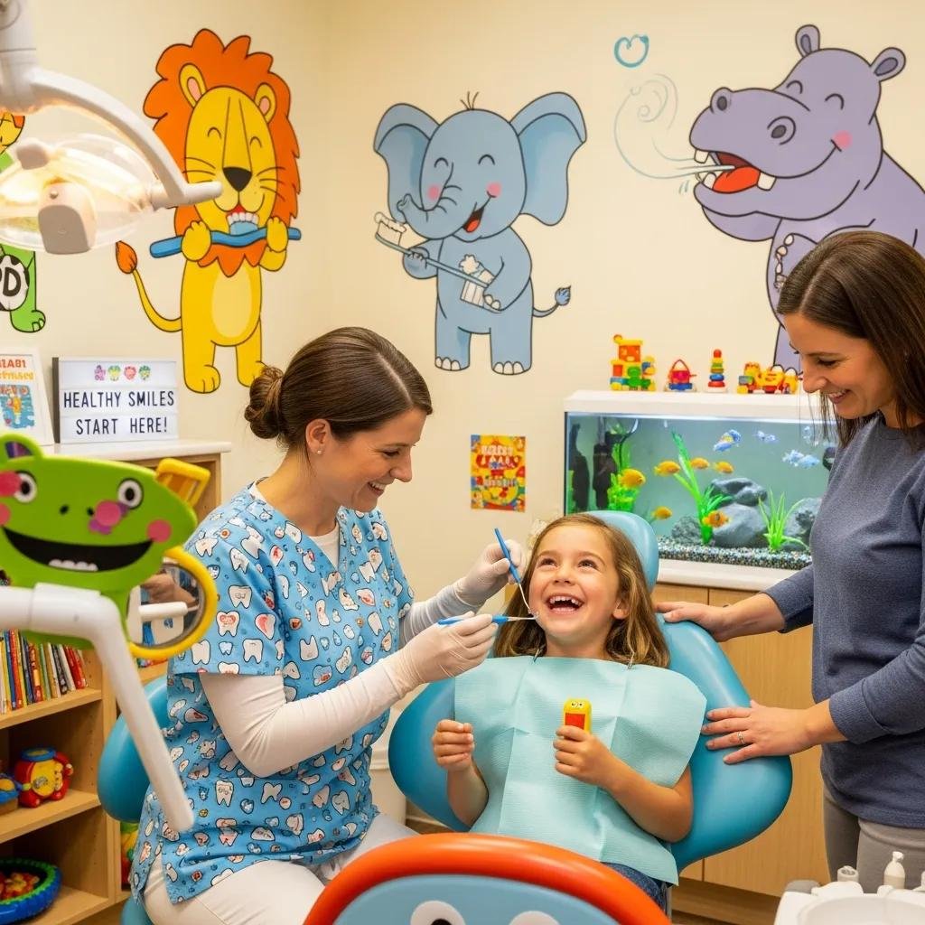 Pediatric dental care scene with a dentist examining a child, emphasizing the importance of early dental visits