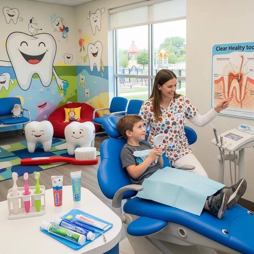 Pediatric dentist explaining dental care to a child in a colorful, child-friendly dental office with playful tooth-themed decor and dental hygiene tools.