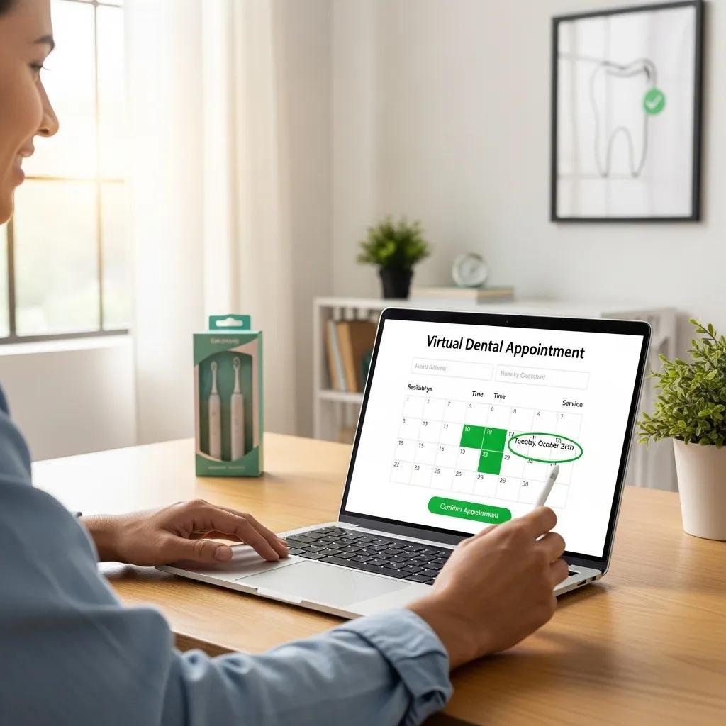 Person booking a virtual dental appointment on a laptop, highlighting a date on a calendar, with dental products in the background, illustrating accessible teledentistry services.