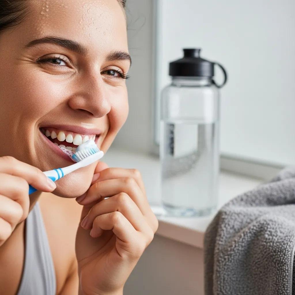 Woman brushing teeth with a toothbrush after exercise, promoting oral health and the link between physical activity and gum health, water bottle and towel in background.