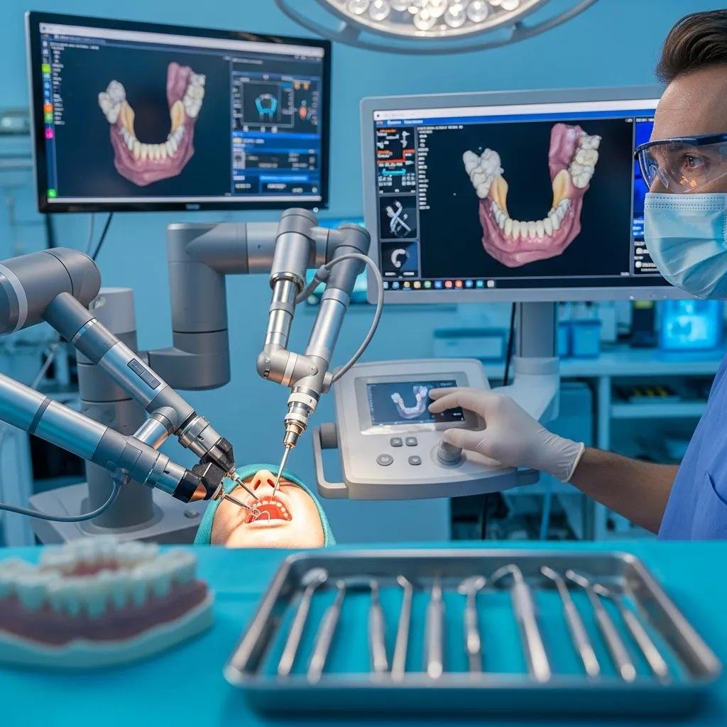 Robotic dental surgery system in action, featuring a dental professional using advanced robotic tools for precise treatment, with digital imaging displays of dental anatomy in the background.