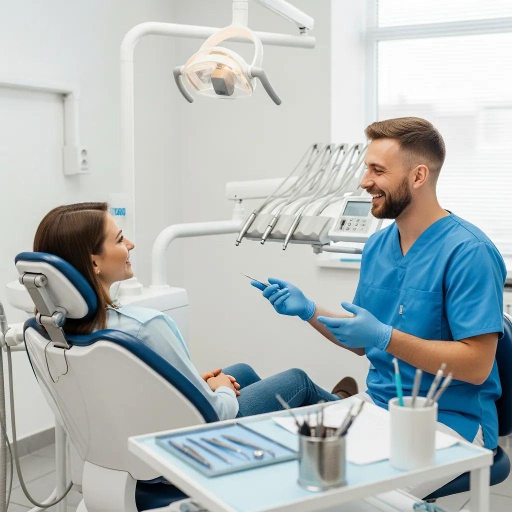 Welcoming dental office scene with a dentist and patient, highlighting the importance of regular dental visits