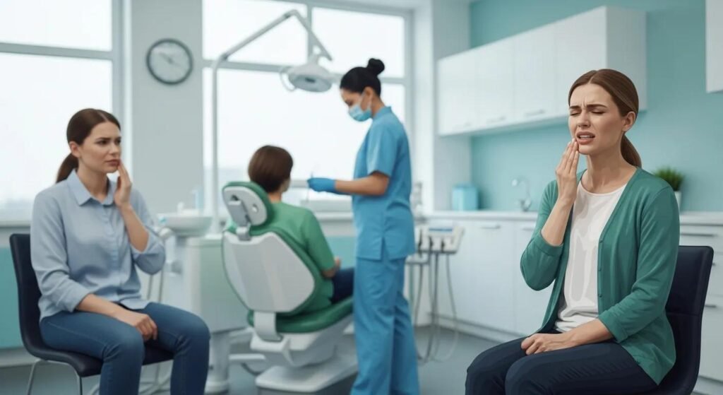 Two women in a dental office, one holding her jaw in pain, and the other looking concerned, while a dental professional in scrubs assists a child in a dental chair, highlighting the urgency of emergency dental care.