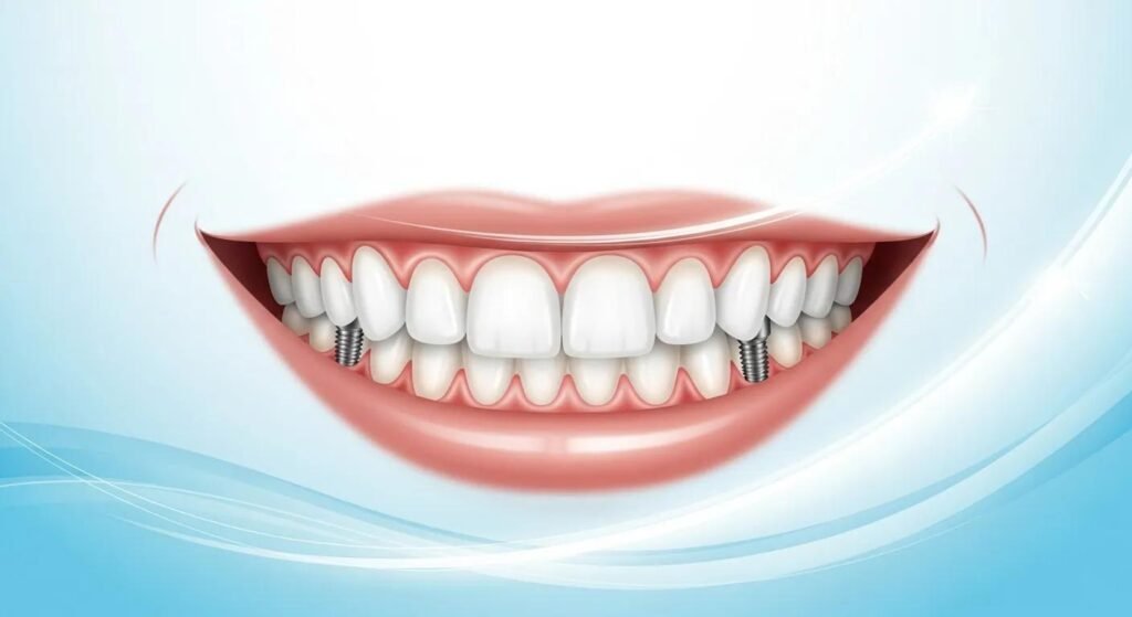 Illustration of a smiling mouth with dental implants, showcasing a natural smile and emphasizing dental health solutions for missing teeth at Newsham Dental.