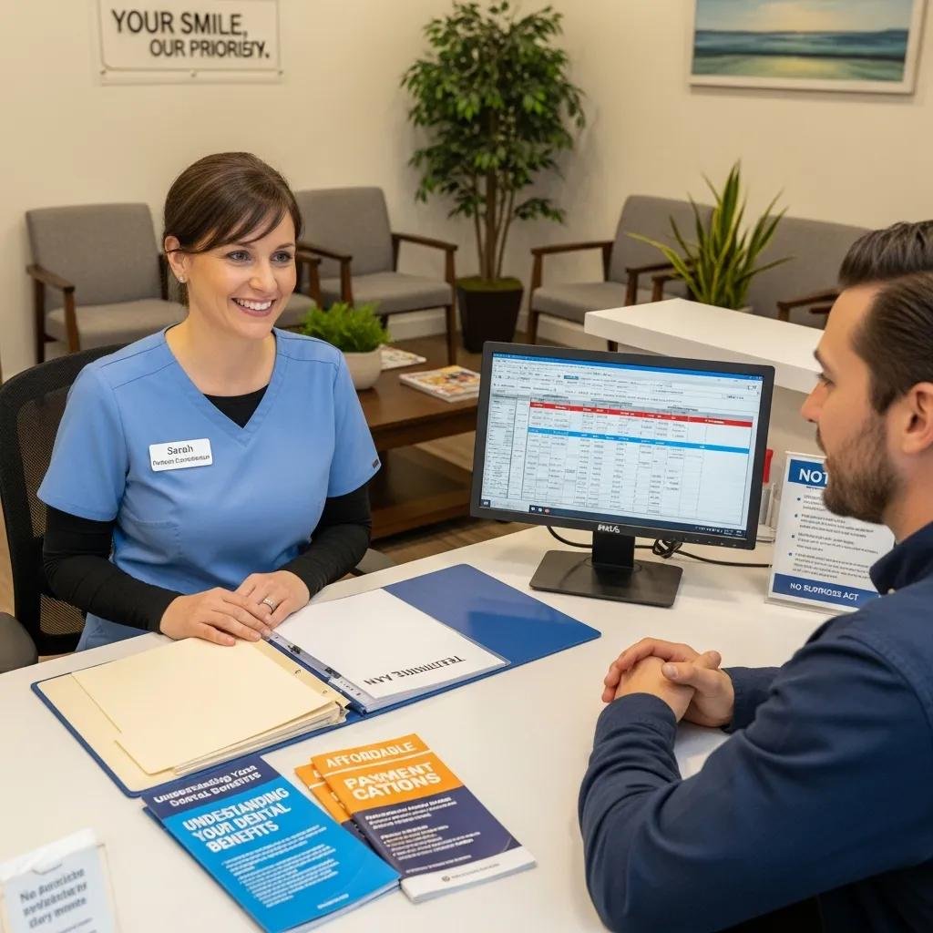 Dental office reception discussing costs and insurance options for emergency dental care