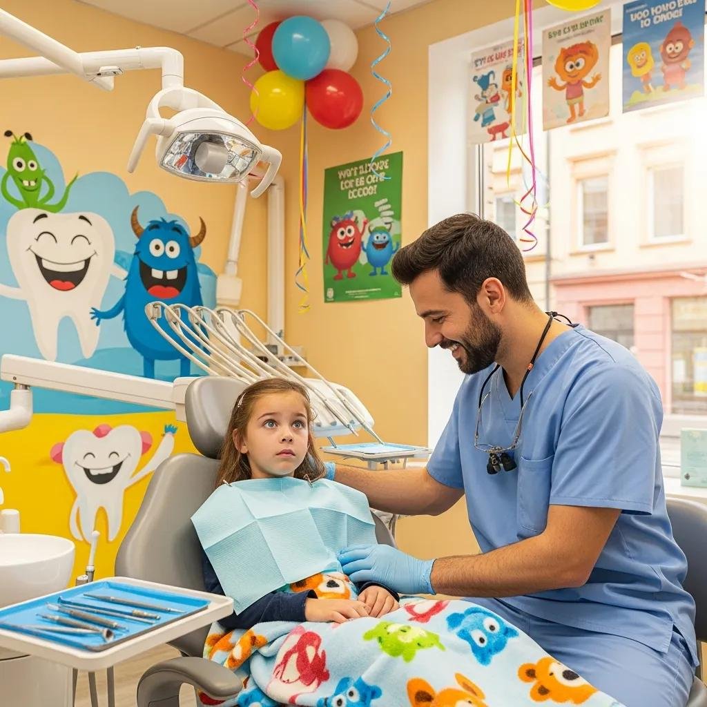 Dental professional comforting a child in a friendly dental office, showcasing compassionate emergency care and a calming environment for anxious pediatric patients.