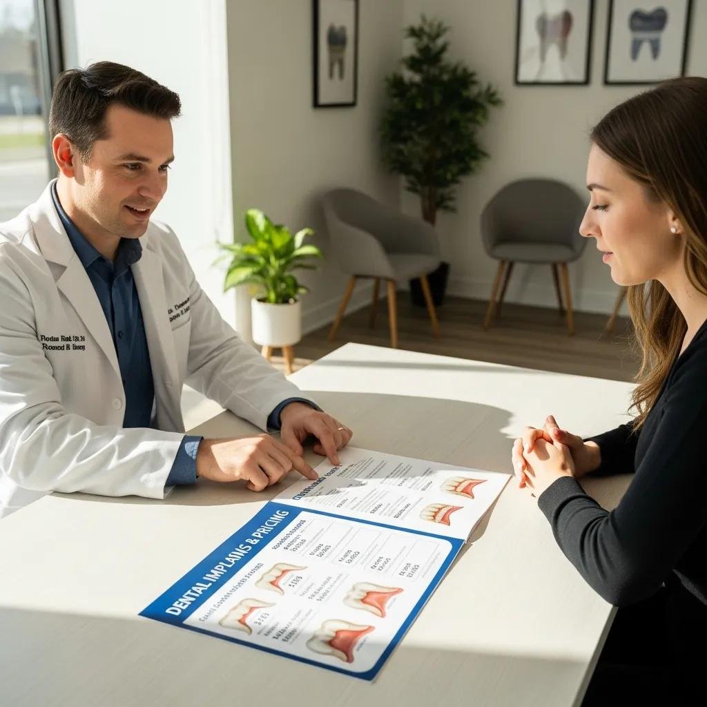 Dental professional discussing dental implant costs with a patient, reviewing pricing chart on a table in a modern dental office setting.