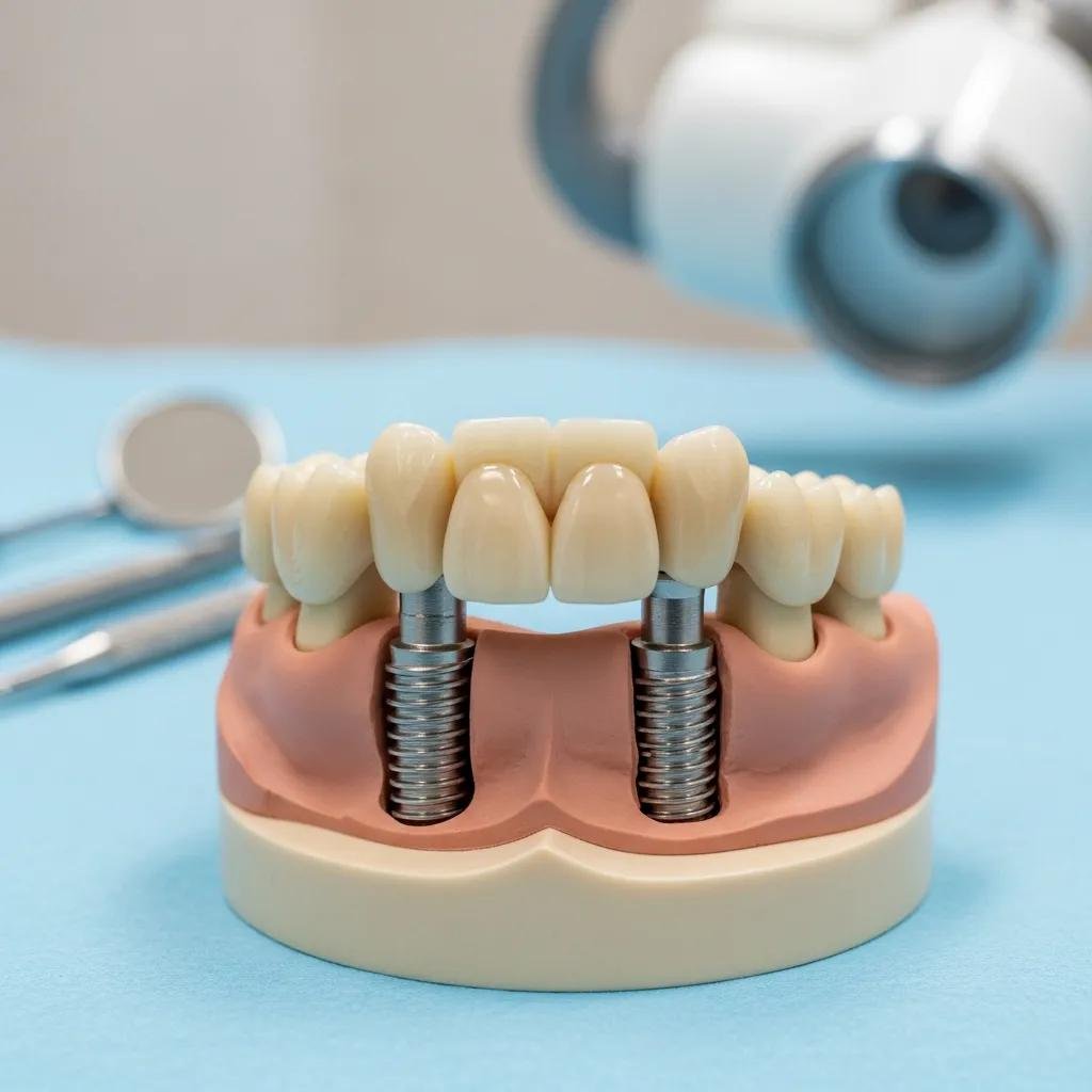 Model of an implant-supported bridge demonstrating dental restoration with titanium posts and artificial teeth, illustrating options for replacing multiple missing teeth.