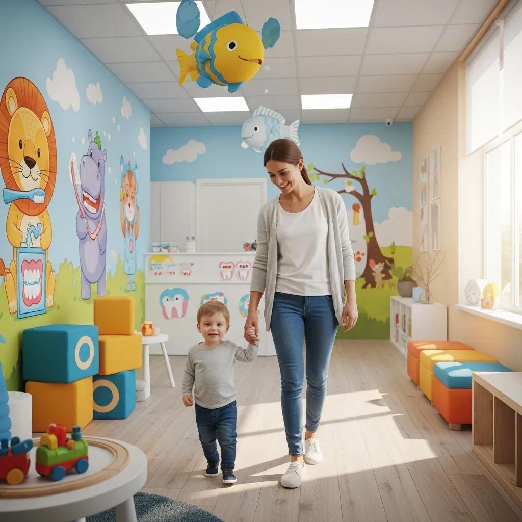 Mother and child entering a colorful pediatric dental office with playful animal murals, emphasizing a welcoming environment for children's first dental visit.