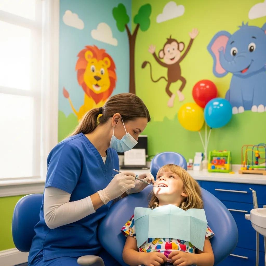 Pediatric dentist examining a smiling child in a colorful, child-friendly dental office with playful animal murals, promoting positive dental experiences and preventive care.