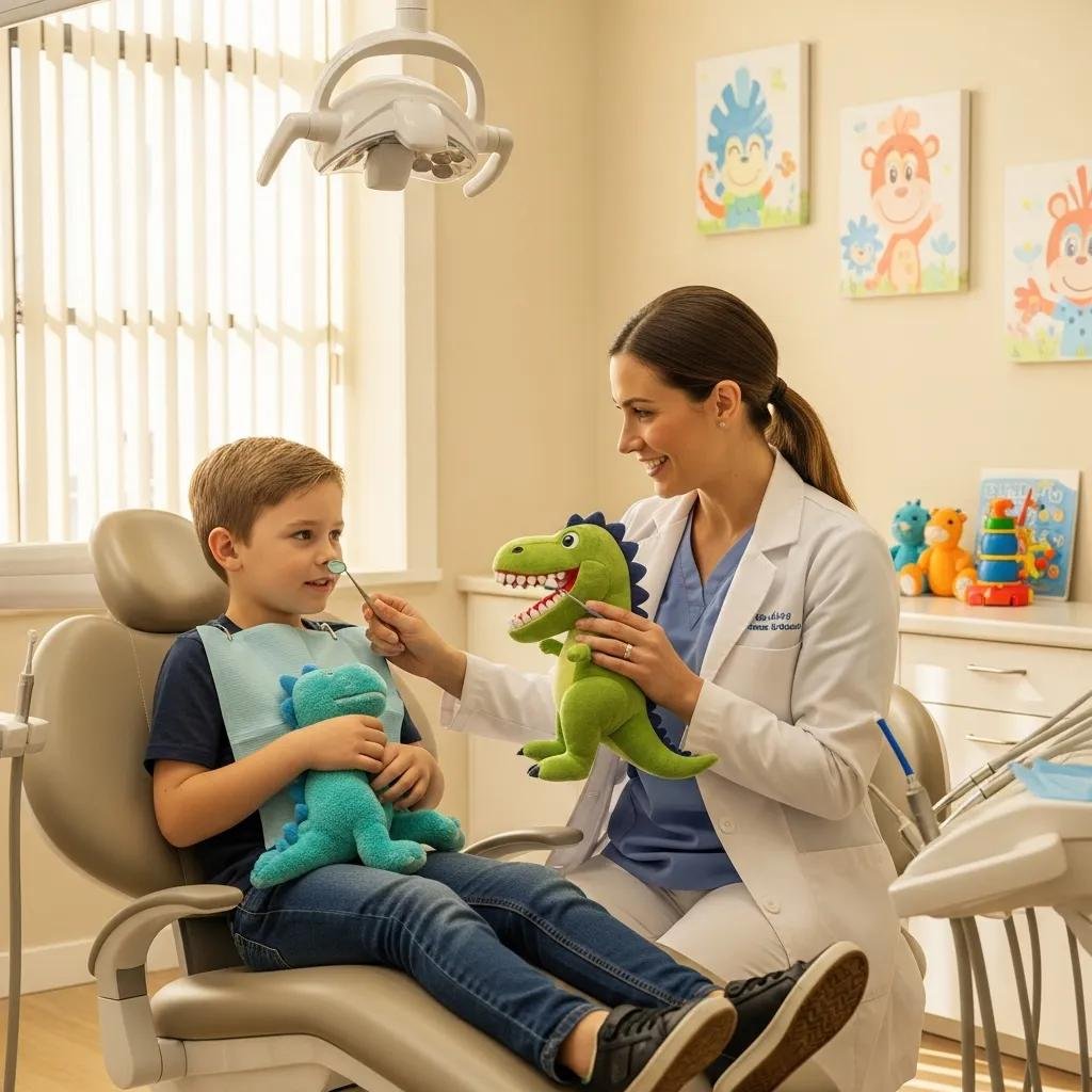 Pediatric dentist engaging with an anxious child in a dental chair, using a plush dinosaur toy to create a comforting atmosphere during a dental visit.
