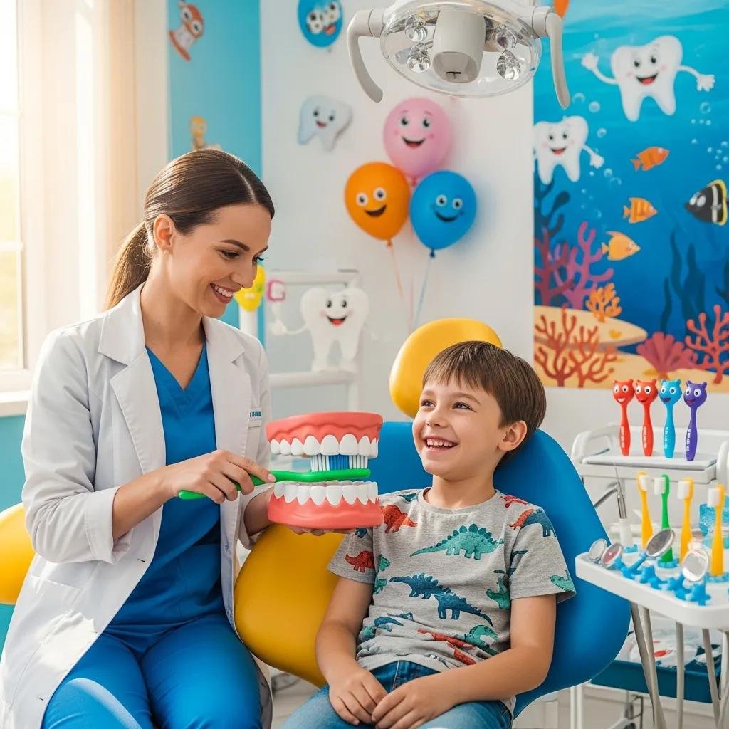 Pediatric dentist demonstrating gentle dental care techniques to a smiling child using a large model of teeth in a colorful dental office, emphasizing compassionate and engaging pediatric services.