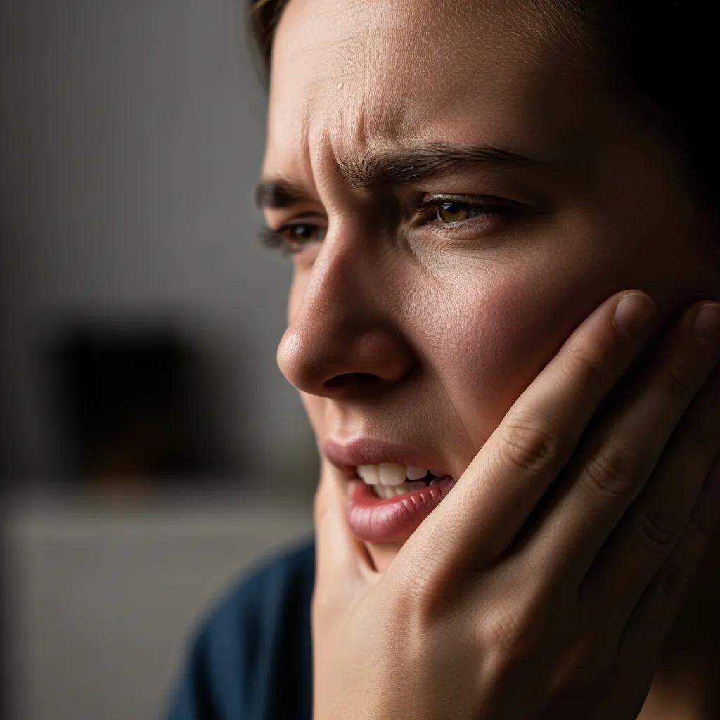 Person experiencing urgent dental pain, holding face in distress, highlighting the need for immediate dental care in emergency situations.