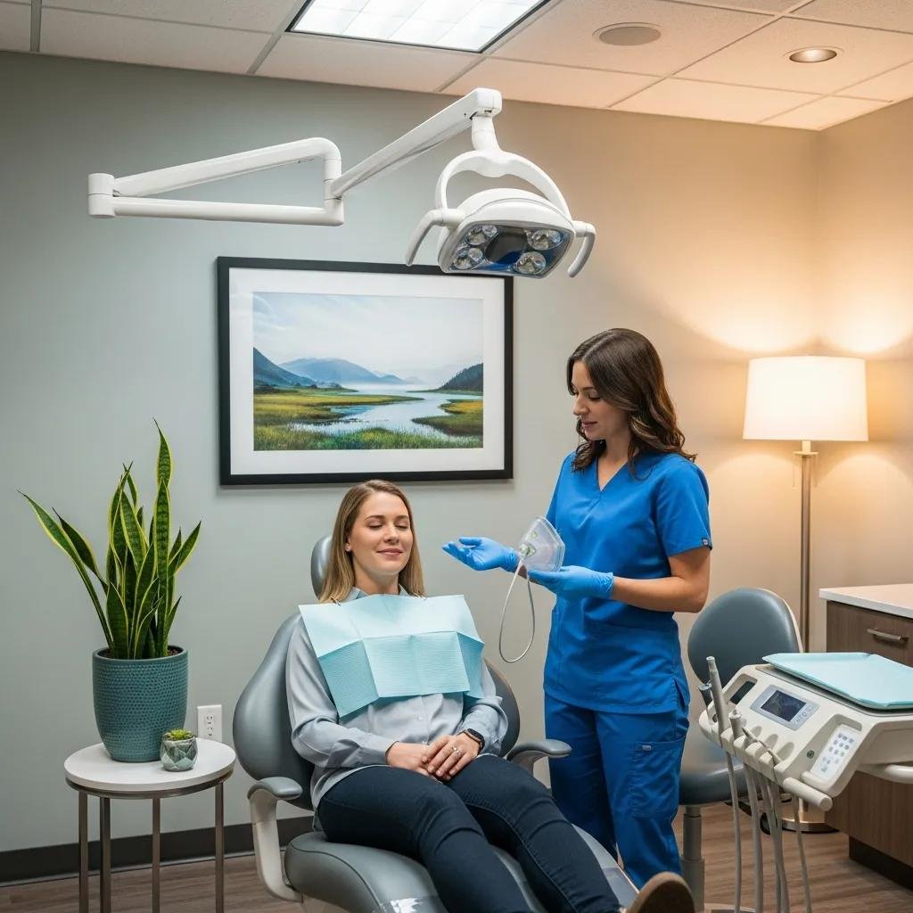 Calm dental treatment room with a patient and dentist discussing sedation options