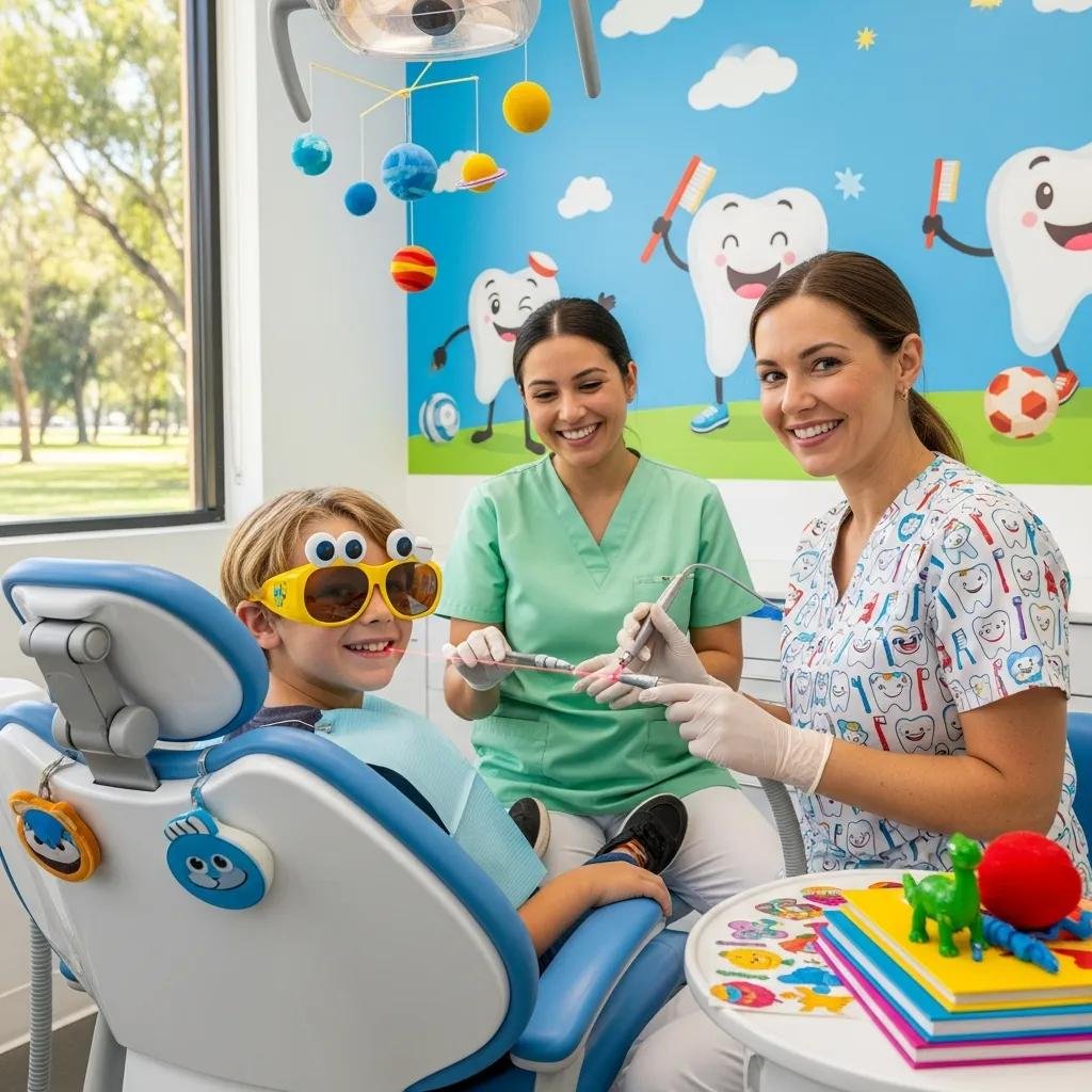 Child-friendly laser dental procedure showcasing a positive experience for young patients in a vibrant clinic