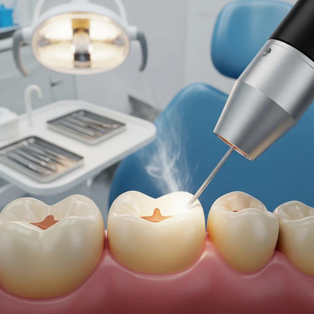 Close-up of a laser dental tool demonstrating minimally invasive treatment techniques in dentistry