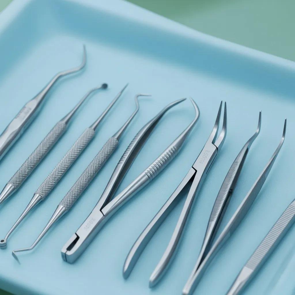 Modern dental tools for minimally invasive tooth extractions on a sterile tray