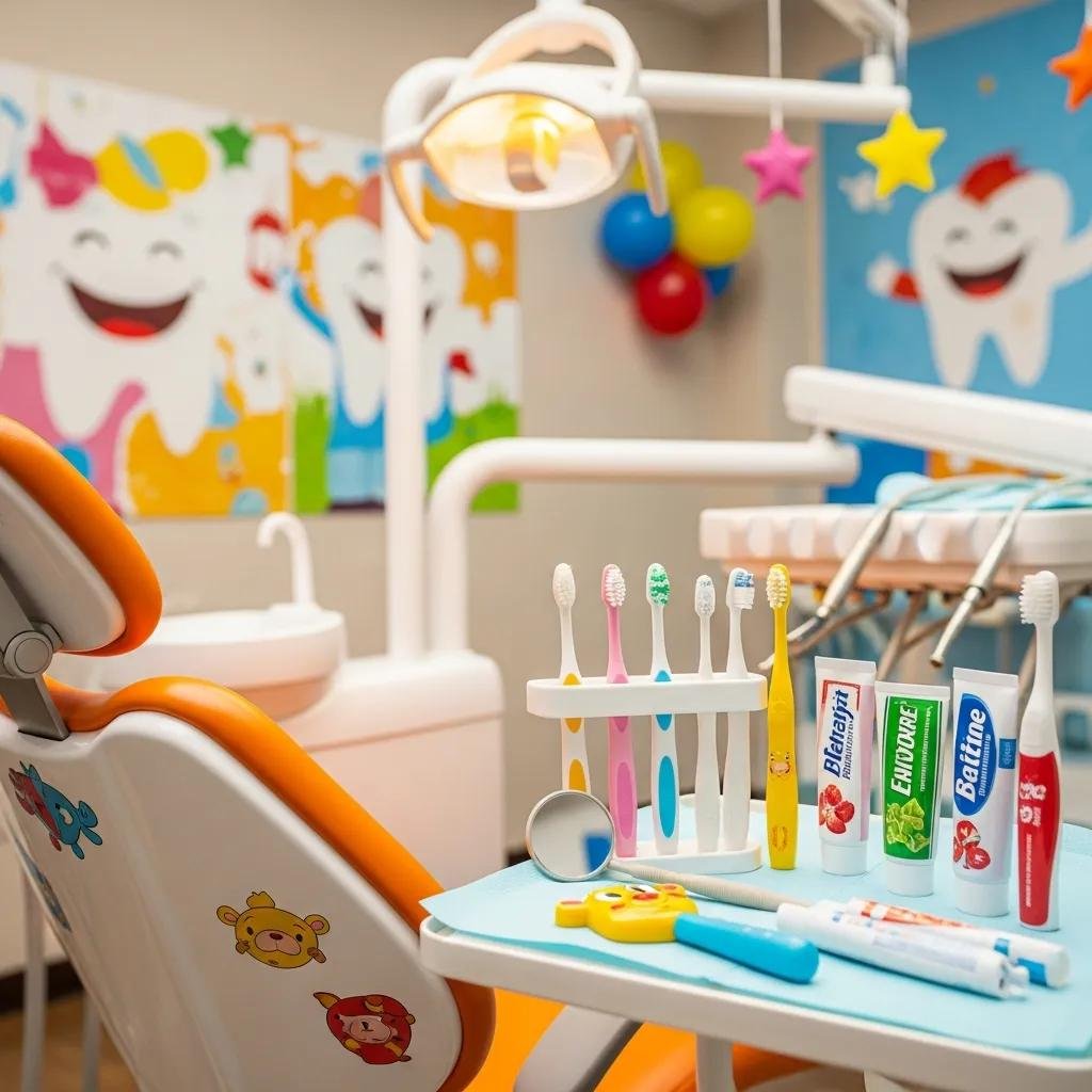 Pediatric dental care setup with colorful tools and a child-friendly dental chair