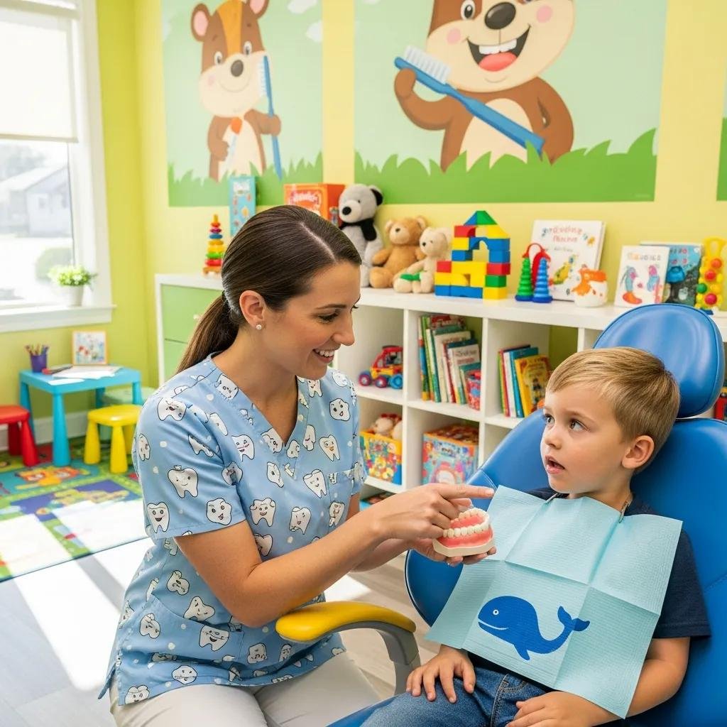 Pediatric dentist reassuring a child in a colorful dental office