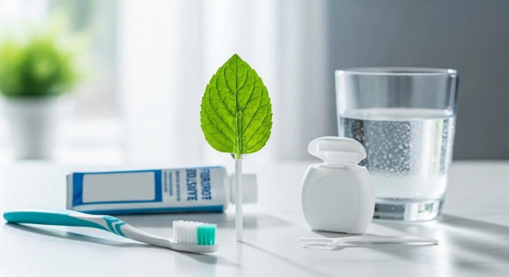 Toothbrush, toothpaste, dental floss, and a glass of water next to a green leaf, symbolizing oral health management for diabetic patients.