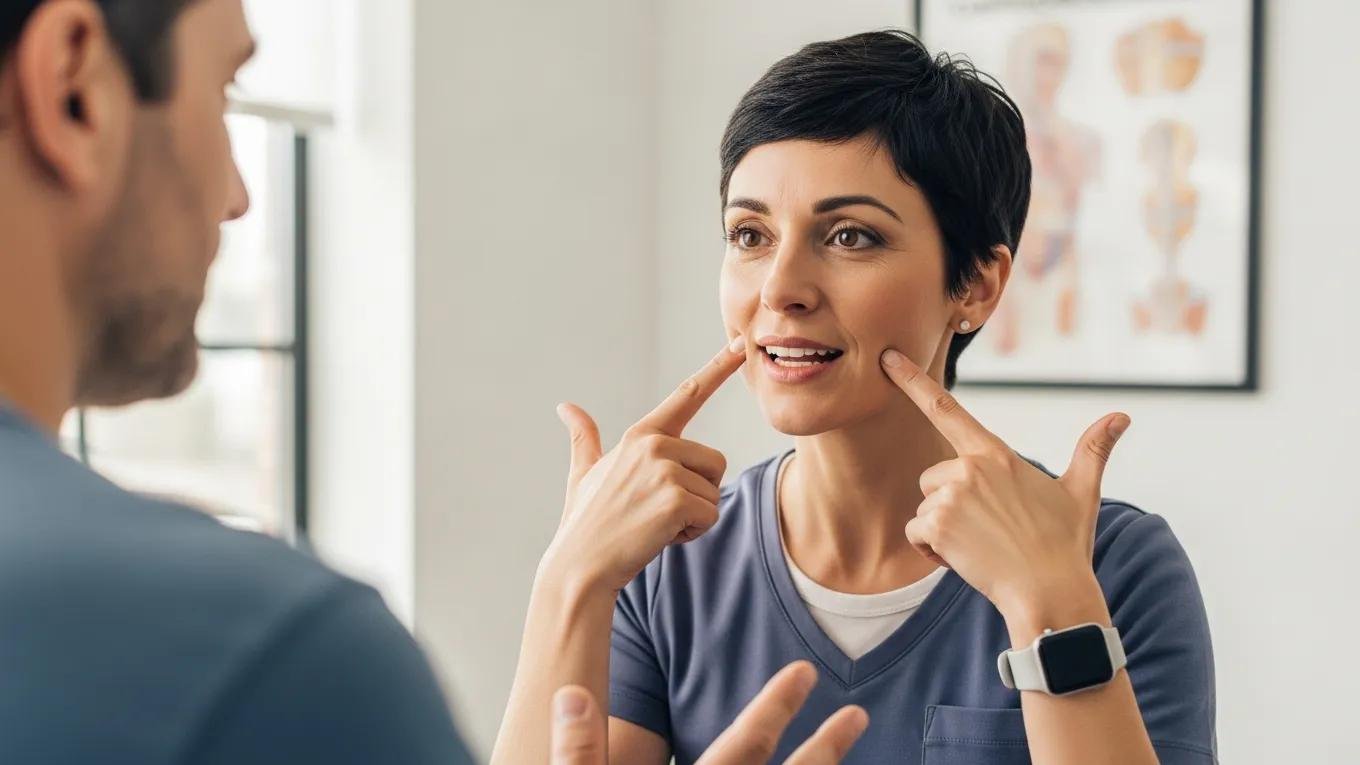Physical therapist demonstrating jaw exercises to relieve TMJ pain