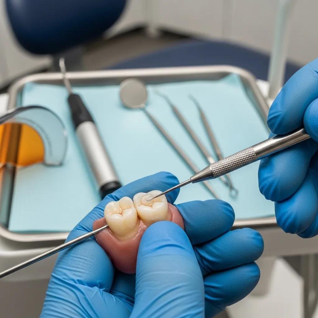 Close-up of dental bonding procedure showing composite resin application on a chipped tooth, emphasizing the preparation steps