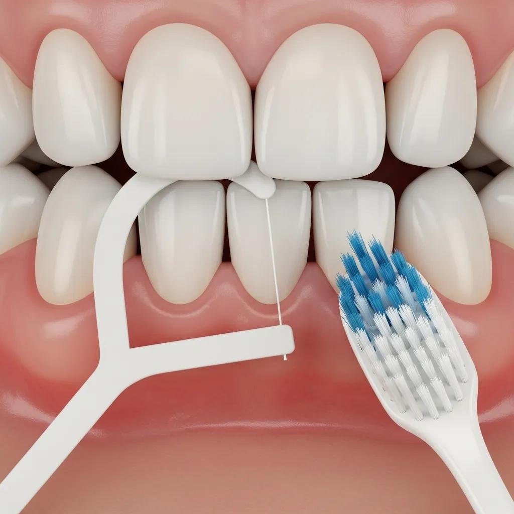 Close-up of healthy gums and teeth with dental floss and toothbrush, illustrating the prevention of gum disease