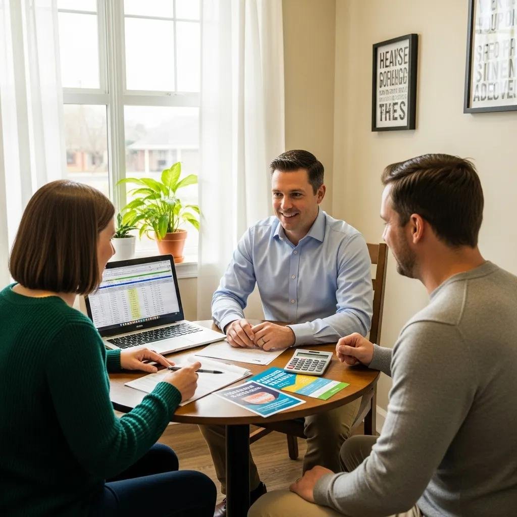 Dental professional explaining financing options to a couple in a friendly environment