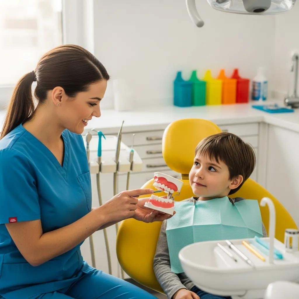 Dental team member explaining dental procedure using model to a comfortable child in a friendly pediatric dental environment.
