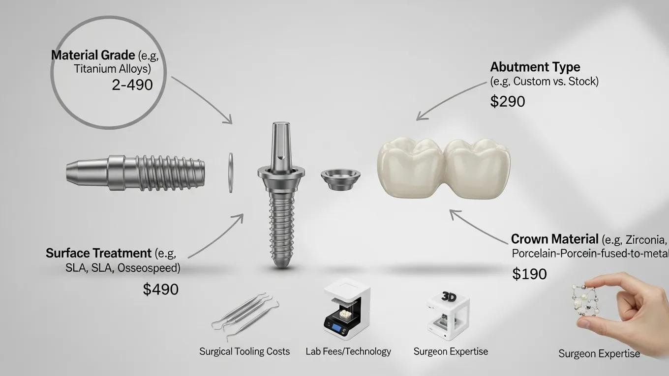 Components of dental implants displayed, highlighting the factors affecting costs