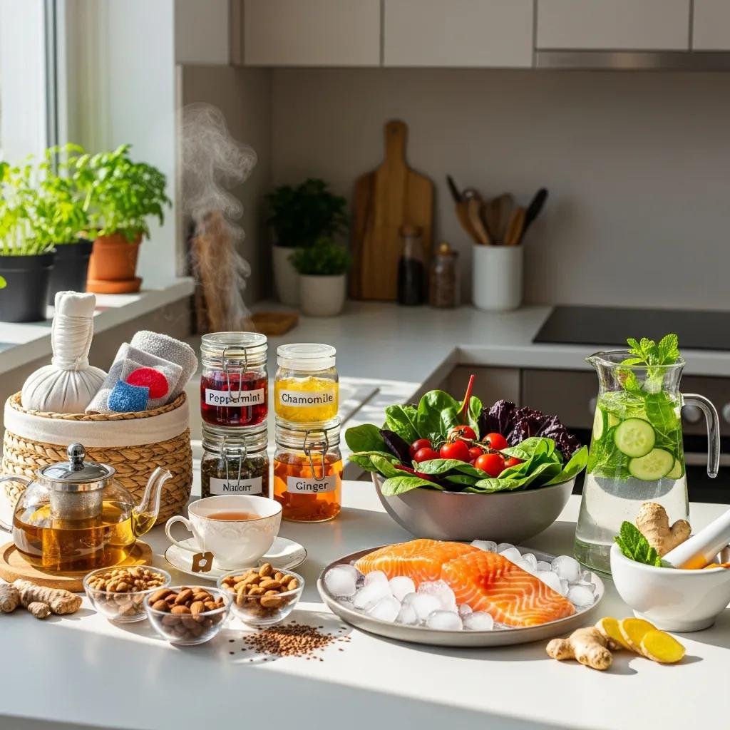 Natural remedies and dietary tips for TMJ pain relief on a kitchen counter