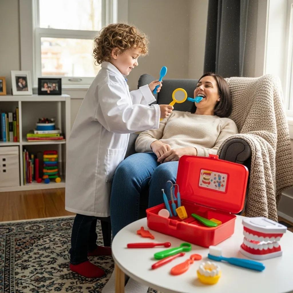 Child role-playing a dental visit at home, wearing a lab coat and using toy dental tools on an adult, with a red toy dental kit and dental models on a table, illustrating preparation for first dental appointments.