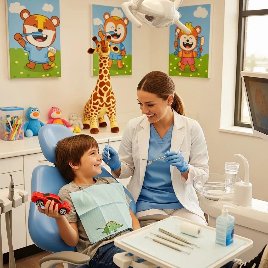 Pediatric dentist engaging with a smiling child holding a toy car in a colorful dental office, featuring playful animal-themed decor and dental tools.