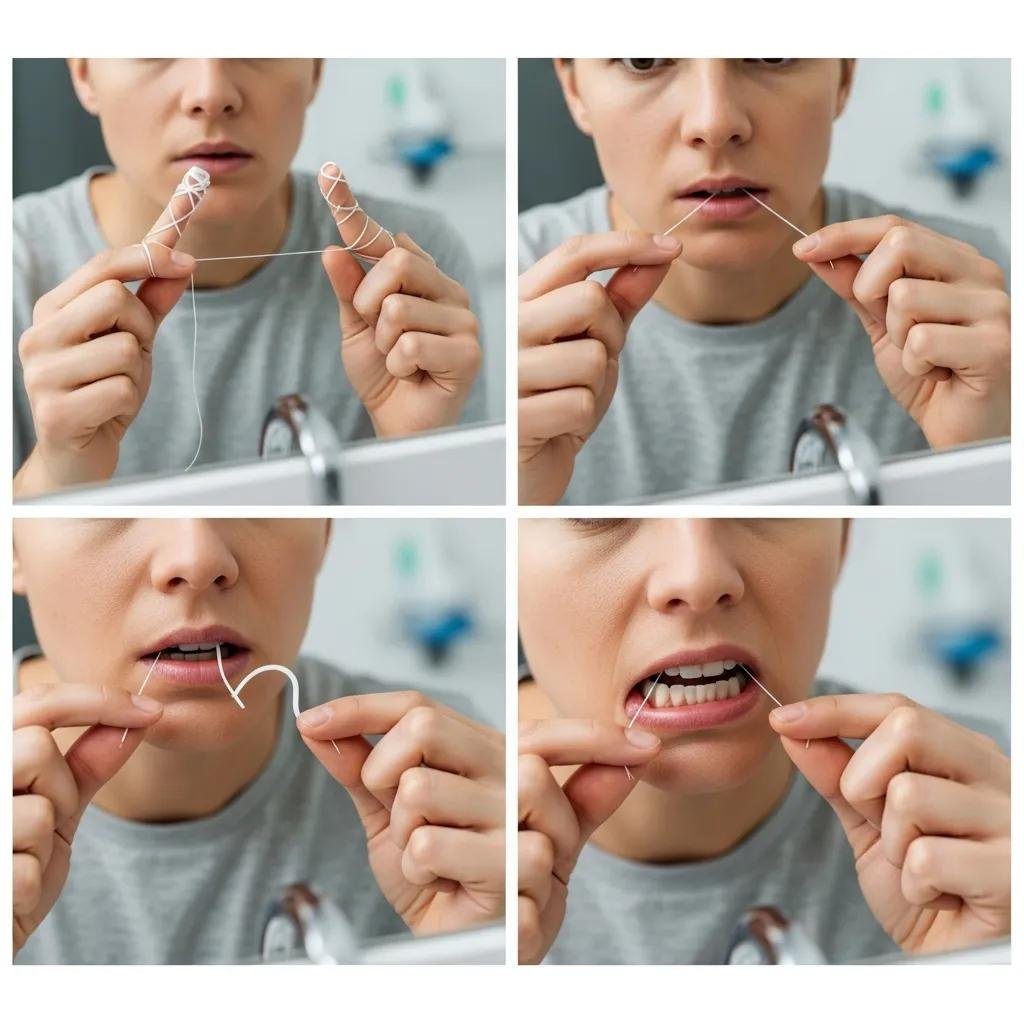 Person demonstrating proper flossing techniques in front of a bathroom mirror, highlighting effective oral care