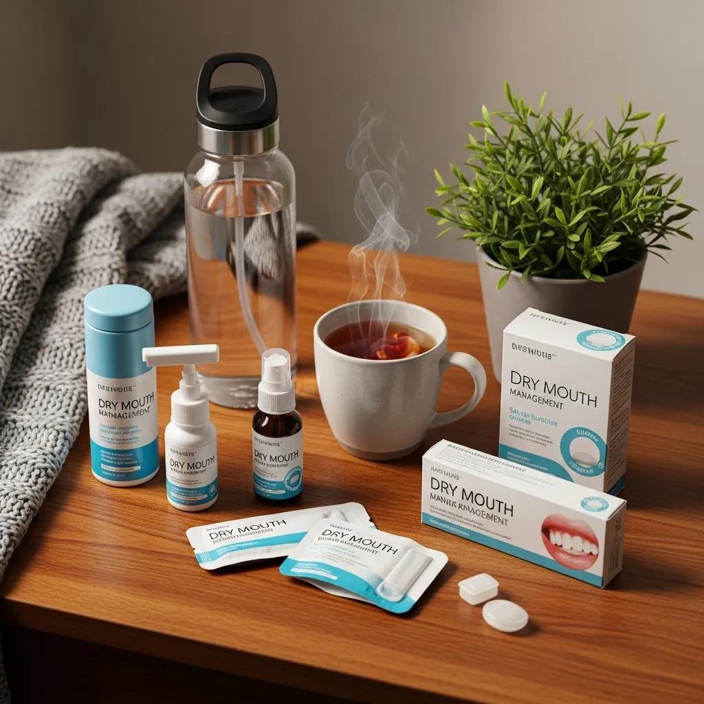 Products for managing dry mouth symptoms, including saliva substitutes, a water bottle, and a steaming cup of tea, arranged on a wooden table with a plant in the background.