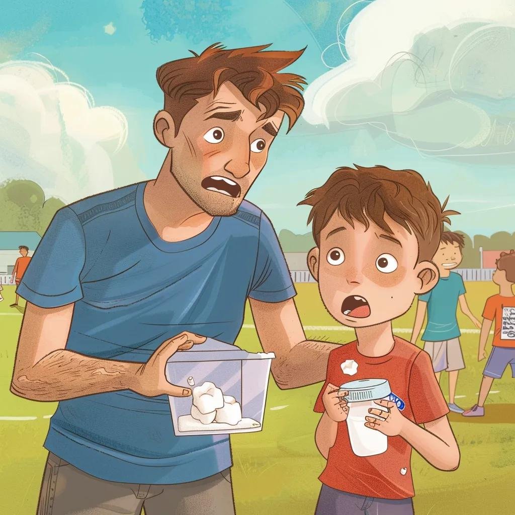 Concerned father and child with knocked-out tooth and container of milk for dental care after a sports injury.