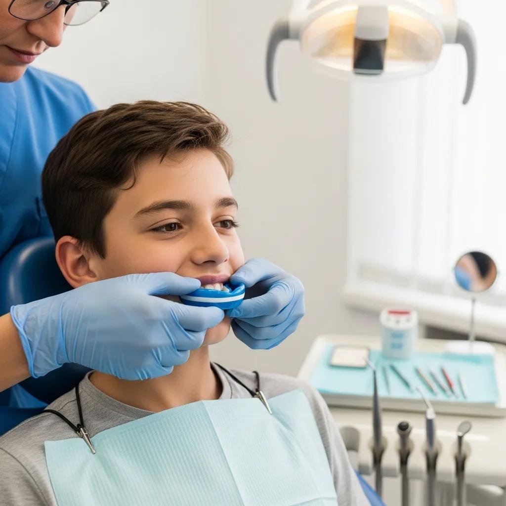Dentist fitting custom mouthguard on young athlete for personalized dental protection during sports
