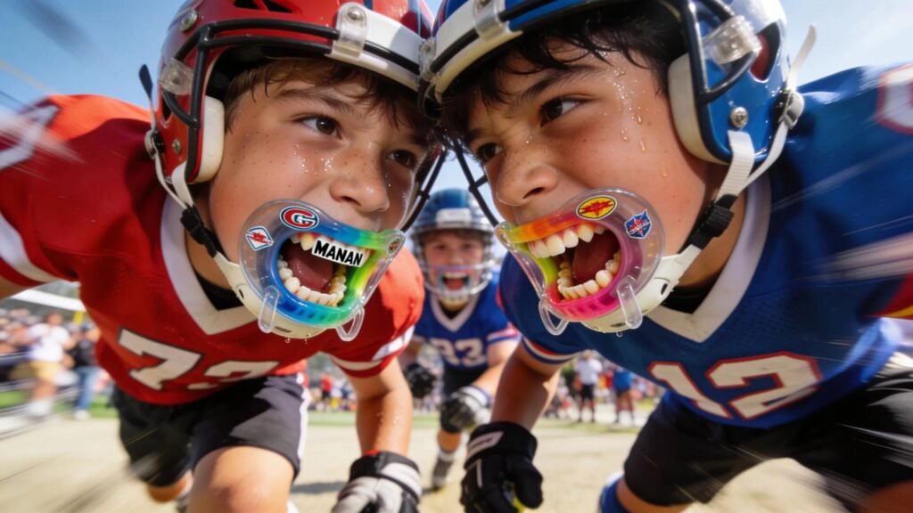 Boys playing football wearing custom mouthguards for dental protection.