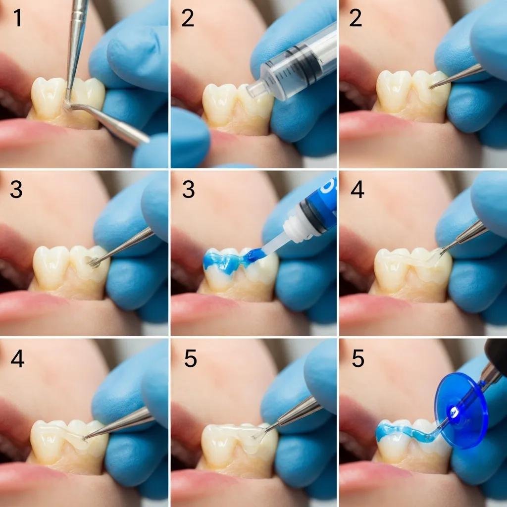 Close-up of the dental sealant application process on a child's tooth